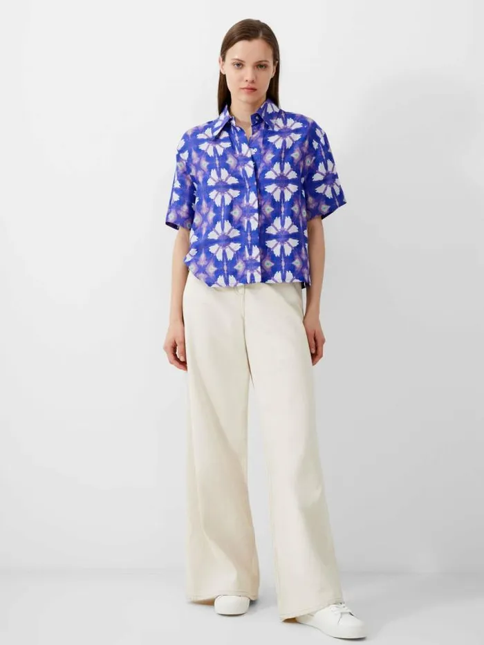 French Connection Dory Birdie Linen Short Sleeve Shirt Royal Blue Women Tops