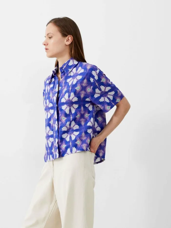 French Connection Dory Birdie Linen Short Sleeve Shirt Royal Blue Women Tops