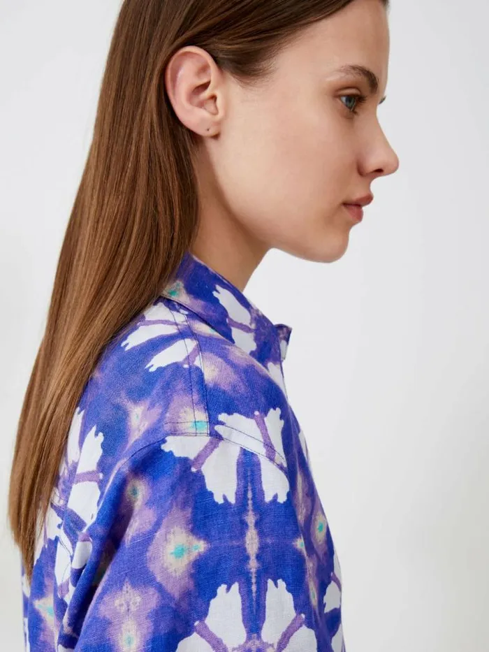 French Connection Dory Birdie Linen Short Sleeve Shirt Royal Blue Women Tops