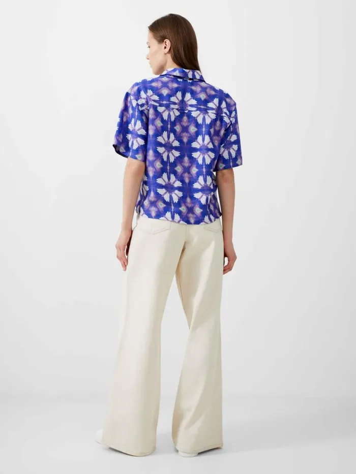 French Connection Dory Birdie Linen Short Sleeve Shirt Royal Blue Women Tops