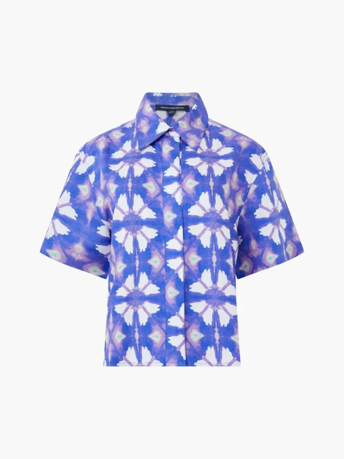 French Connection Dory Birdie Linen Short Sleeve Shirt Royal Blue Women Tops
