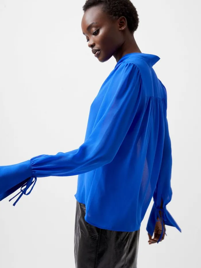 French Connection Eden Georgette Tie Neck Blouse Chroma Blue Women Tops