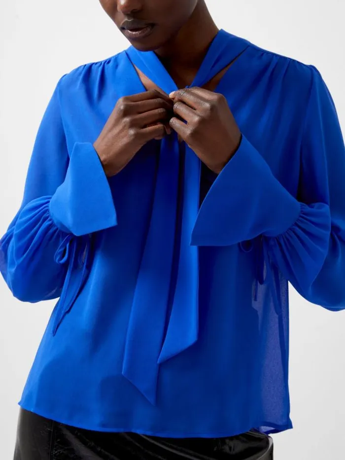 French Connection Eden Georgette Tie Neck Blouse Chroma Blue Women Tops