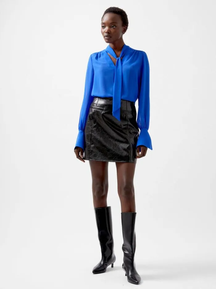 French Connection Eden Georgette Tie Neck Blouse Chroma Blue Women Tops