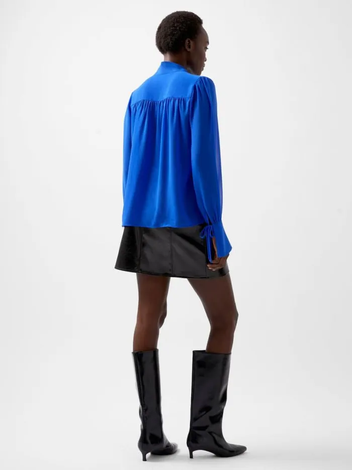 French Connection Eden Georgette Tie Neck Blouse Chroma Blue Women Tops
