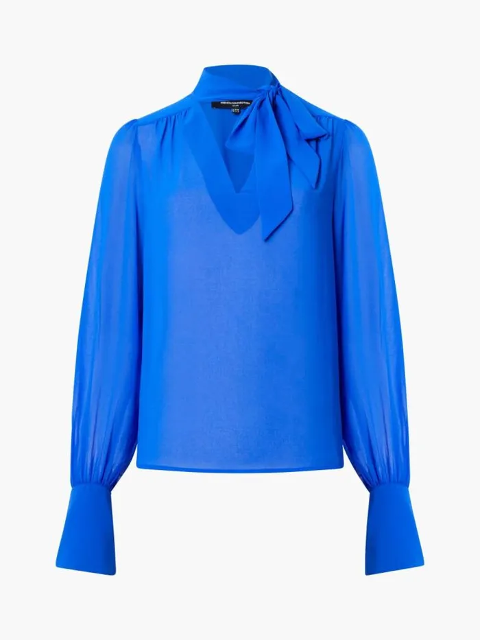 French Connection Eden Georgette Tie Neck Blouse Chroma Blue Women Tops