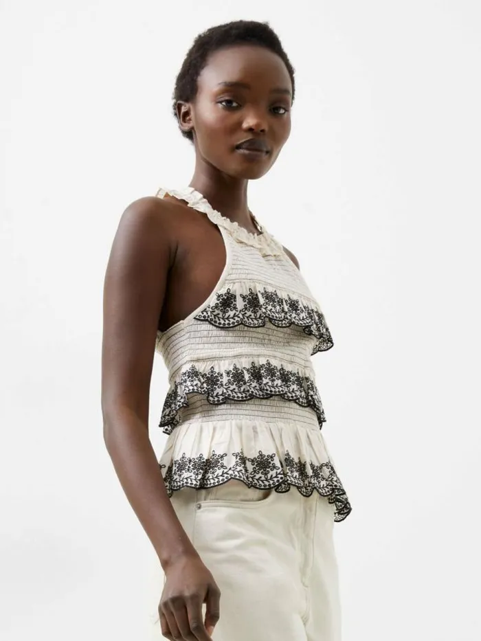 French Connection Embroidered Felicity Halterneck Top Classic Creamblack Women Tops French Connection Embroidered Felicity Halterneck Top Classic Creamblack Women Tops