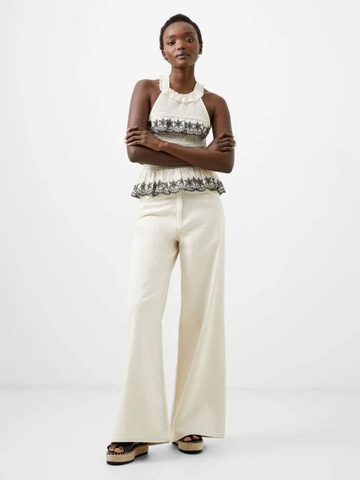 French Connection Embroidered Felicity Halterneck Top Classic Creamblack Women Tops