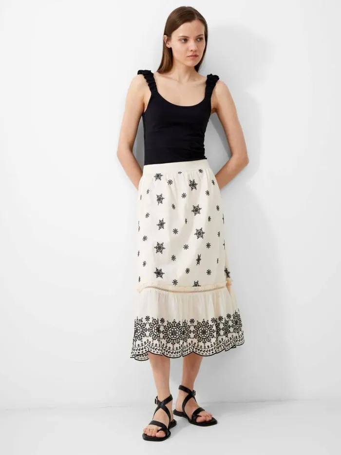 French Connection Embroidered Felicity Midi Skirt Classic Creamblack Women Skirts French Connection Embroidered Felicity Midi Skirt Classic Creamblack Women Skirts