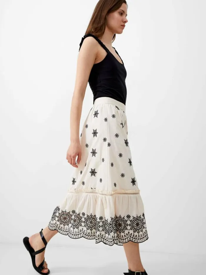 French Connection Embroidered Felicity Midi Skirt Classic Creamblack Women Skirts
