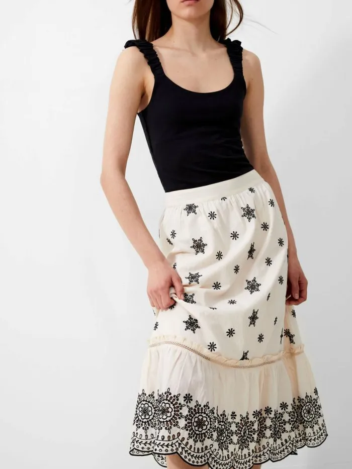 French Connection Embroidered Felicity Midi Skirt Classic Creamblack Women Skirts