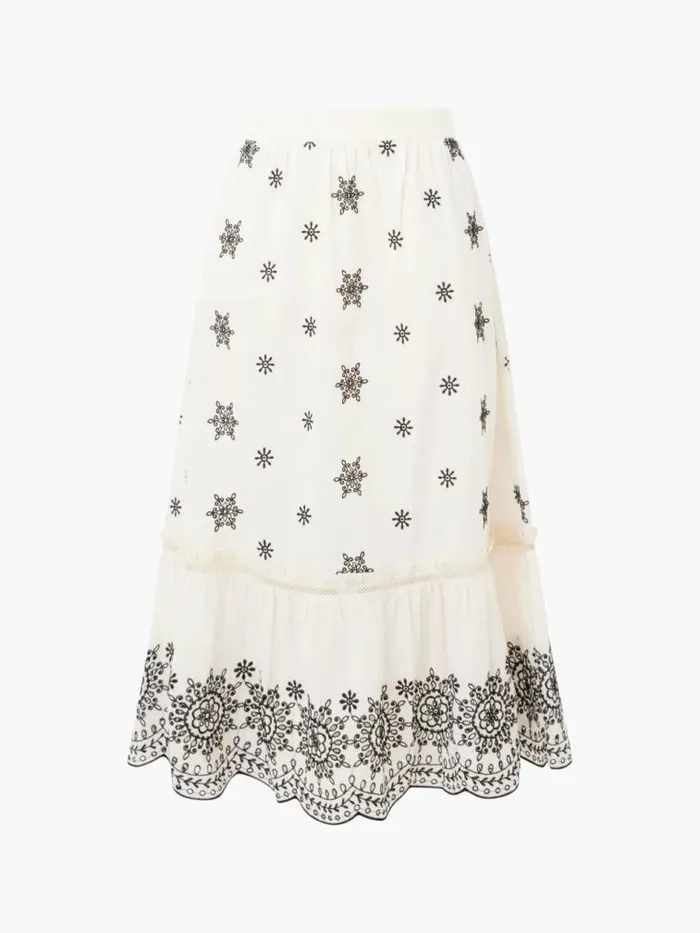 French Connection Embroidered Felicity Midi Skirt Classic Creamblack Women Skirts