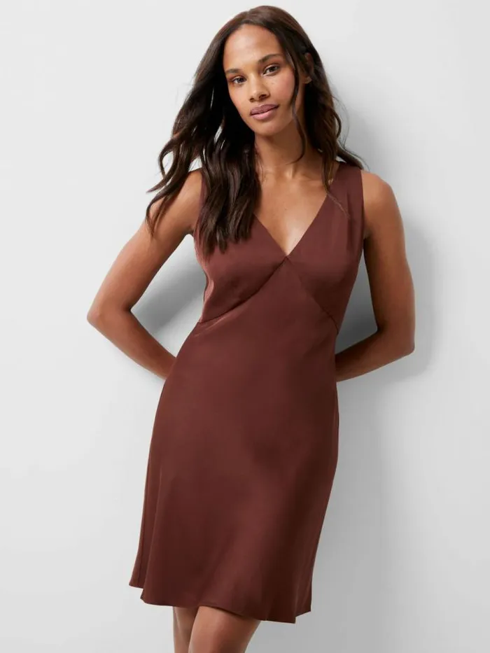French Connection Ennis Eco Satin Slip Mini Dress Chocolate Fondant Women Dresses French Connection Ennis Eco Satin Slip Mini Dress Chocolate Fondant Women Dresses
