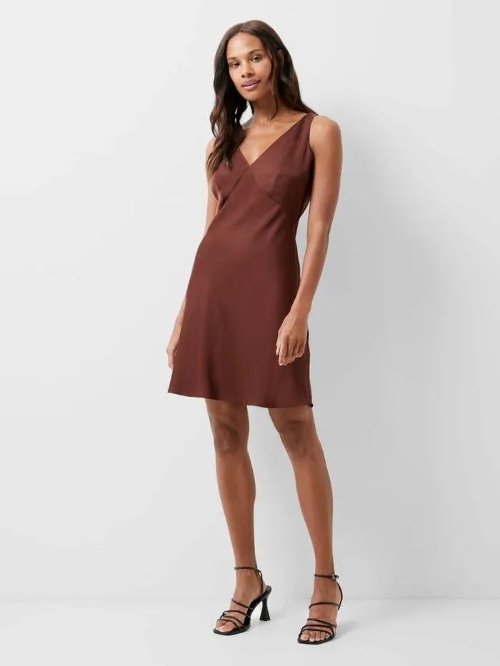 French Connection Ennis Eco Satin Slip Mini Dress Chocolate Fondant Women Dresses