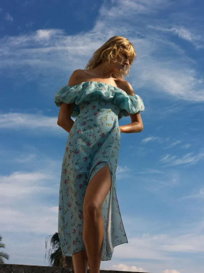 French Connection Floriana Ciarra Organza Bardot Midi Dress Cashmere Blue Women Dresses