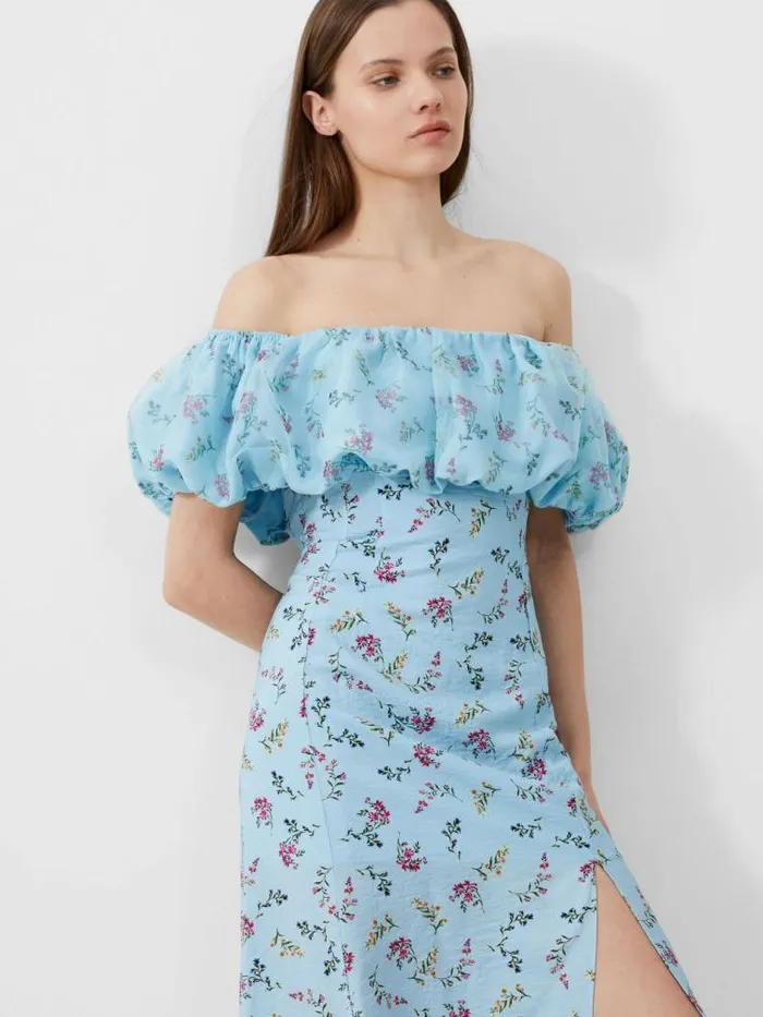 French Connection Floriana Ciarra Organza Bardot Midi Dress Cashmere Blue Women Dresses