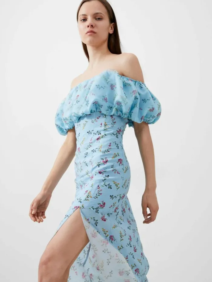 French Connection Floriana Ciarra Organza Bardot Midi Dress Cashmere Blue Women Dresses