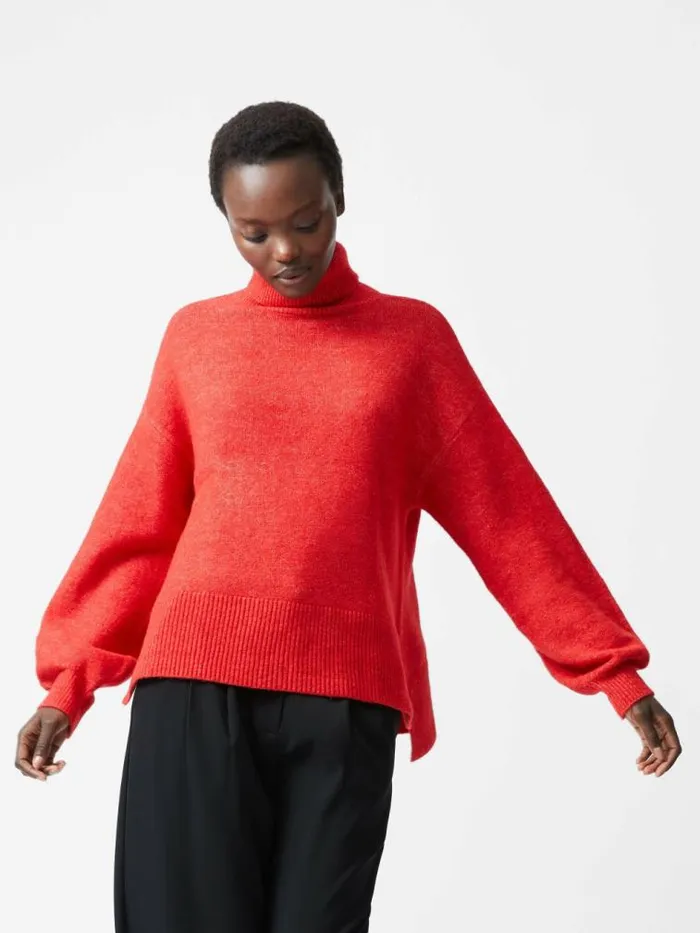 French Connection Funnel Neck Stepped Hem Jumper Red Women Jumpers and Cardigans