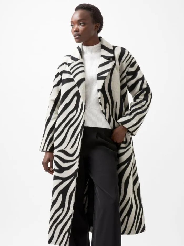 French Connection Grace Zebra Belted Coat Black White Women Coats and Jackets