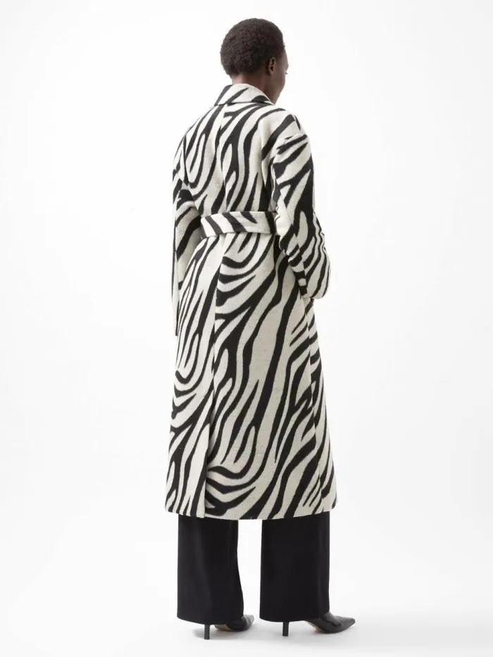 French Connection Grace Zebra Belted Coat Black White Women Coats and Jackets