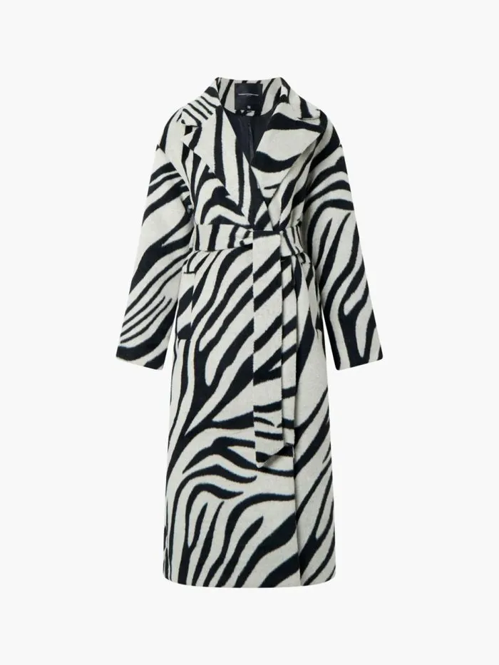 French Connection Grace Zebra Belted Coat Black White Women Coats and Jackets