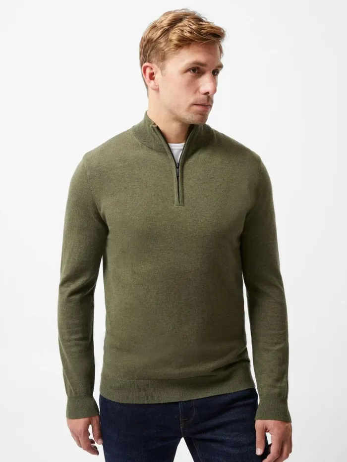 French Connection Half Zip Knitted Jumper Olive Green Men Knitwear