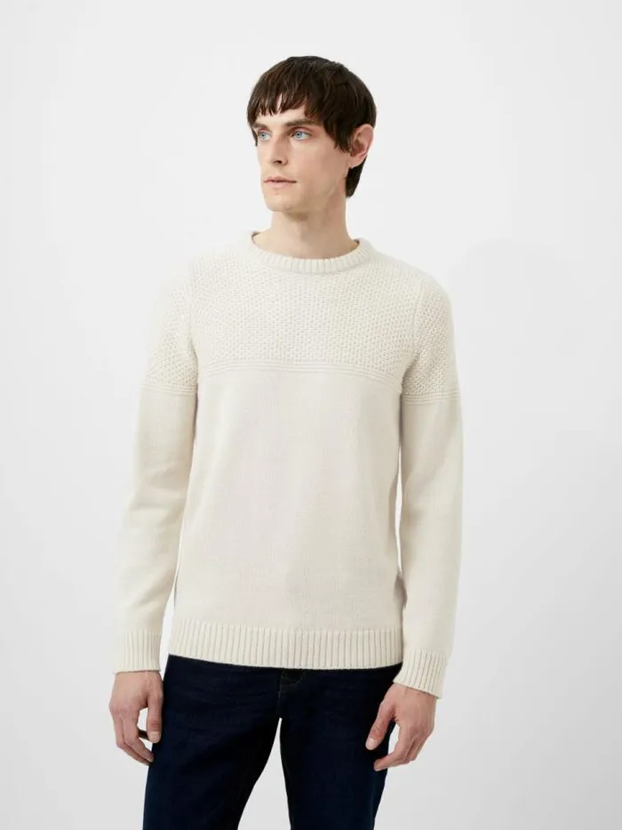 French Connection Link Stitch Crew Neck Jumper Sand Men Knitwear