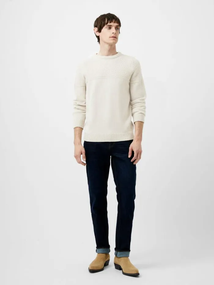 French Connection Link Stitch Crew Neck Jumper Sand Men Knitwear