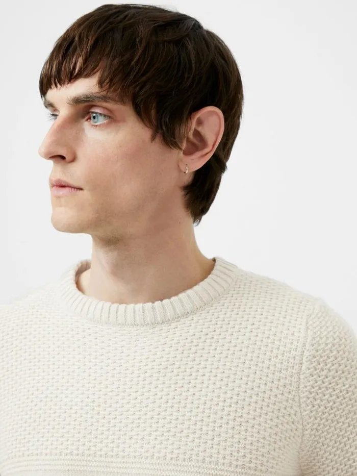 French Connection Link Stitch Crew Neck Jumper Sand Men Knitwear