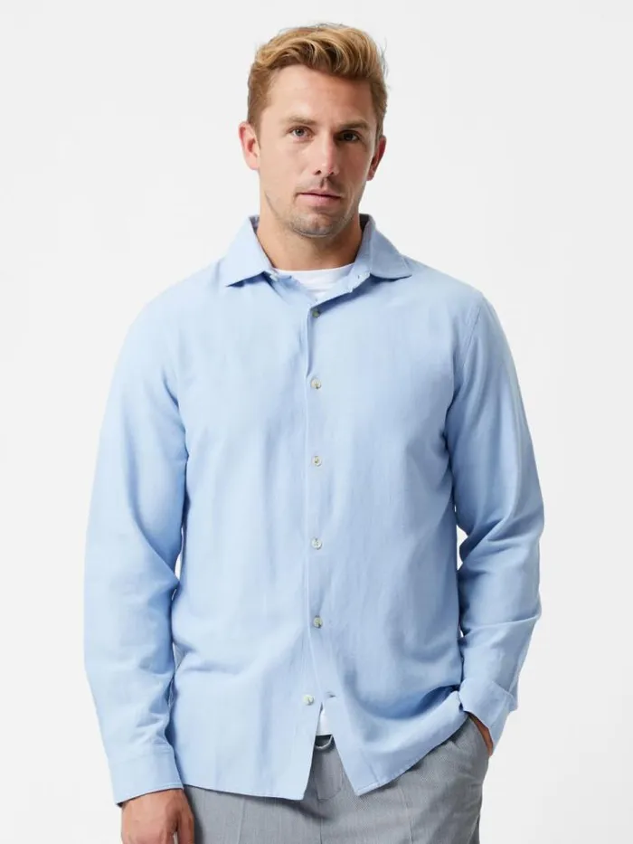 French Connection Long Sleeve Linen Blend Shirt Light Blue Men Shirts