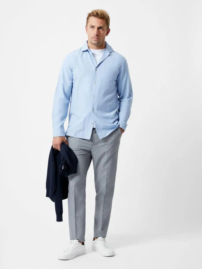 French Connection Long Sleeve Linen Blend Shirt Light Blue Men Shirts