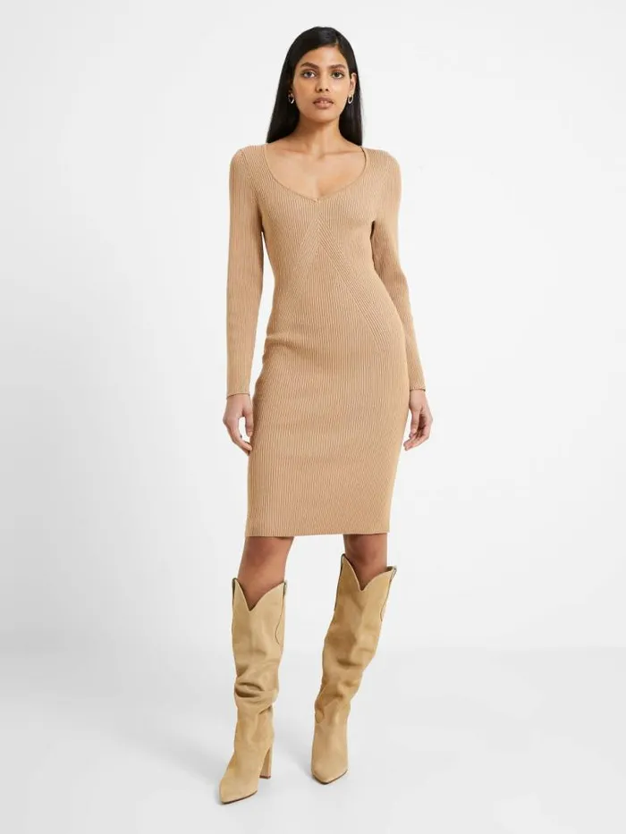 French Connection Mari Knit Dress Light Tobacco Brown Multi Women Dresses