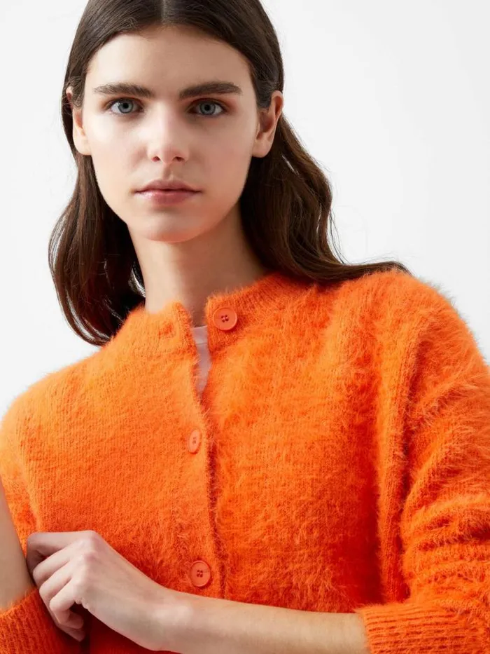 French Connection Molly Feather Long Sleeve Cardigan Coral Rose Women Jumpers and Cardigans