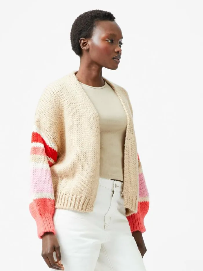French Connection Monroe Stripe Long Sleeve V Neck Cardigan Sand Multi Stripe Women Jumpers and Cardigans