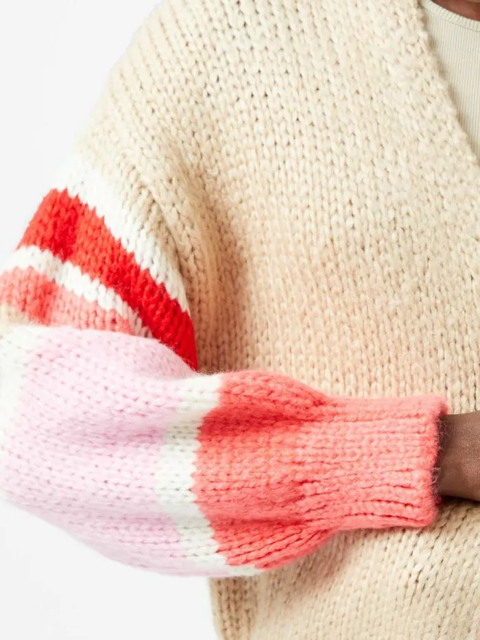 French Connection Monroe Stripe Long Sleeve V Neck Cardigan Sand Multi Stripe Women Jumpers and Cardigans