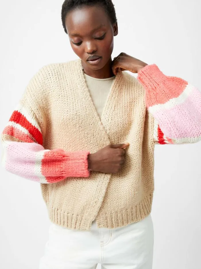 French Connection Monroe Stripe Long Sleeve V Neck Cardigan Sand Multi Stripe Women Jumpers and Cardigans