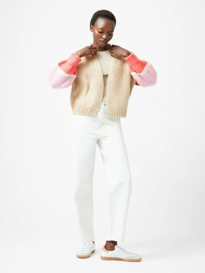 French Connection Monroe Stripe Long Sleeve V Neck Cardigan Sand Multi Stripe Women Jumpers and Cardigans