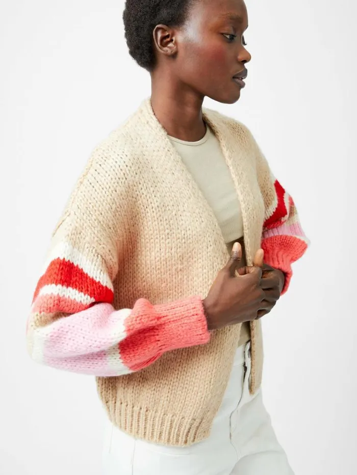 French Connection Monroe Stripe Long Sleeve V Neck Cardigan Sand Multi Stripe Women Jumpers and Cardigans