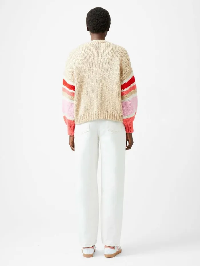 French Connection Monroe Stripe Long Sleeve V Neck Cardigan Sand Multi Stripe Women Jumpers and Cardigans