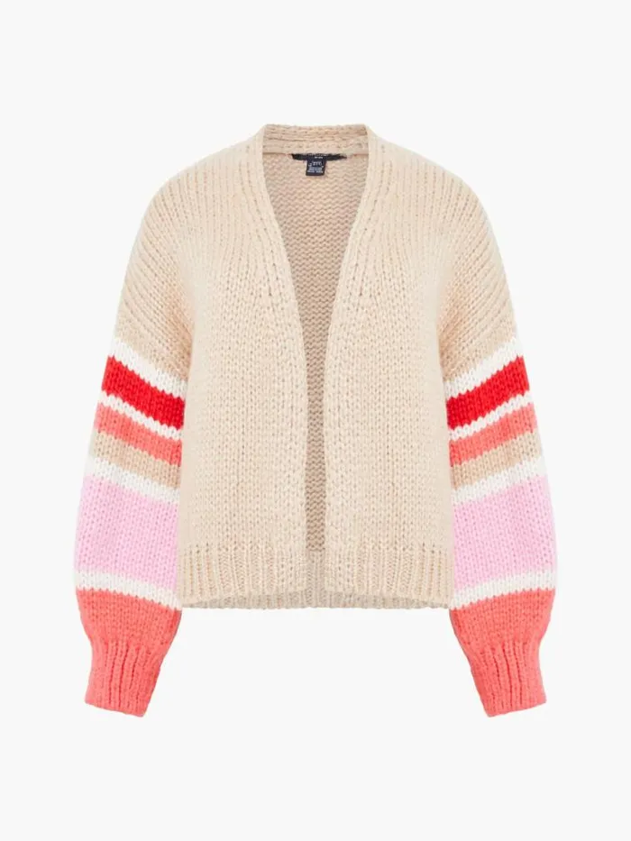 French Connection Monroe Stripe Long Sleeve V Neck Cardigan Sand Multi Stripe Women Jumpers and Cardigans