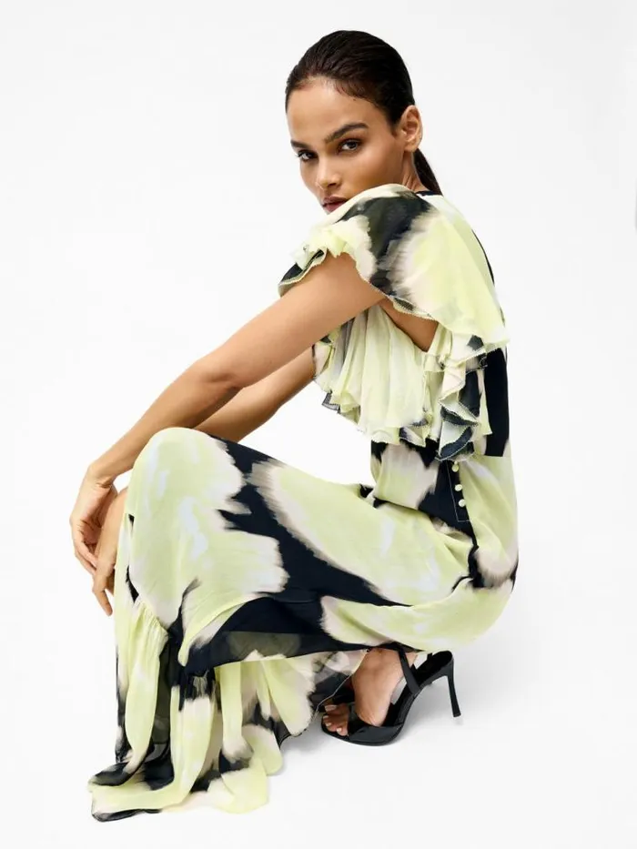 French Connection Natalie Emina Chiffon Maxi Dress Light Lime Green Multi Women Dresses
