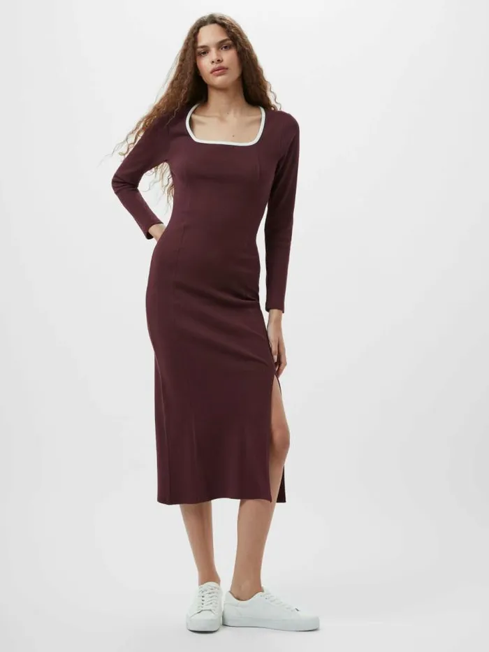 French Connection Rassia Rib Square Neck Midi Dress Burgandyporc Cream Women Dresses