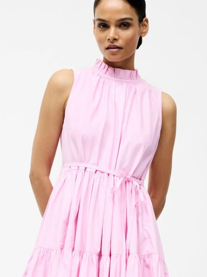 French Connection Tiered Poplin Mini Dress Strawberry Shake Women Dresses