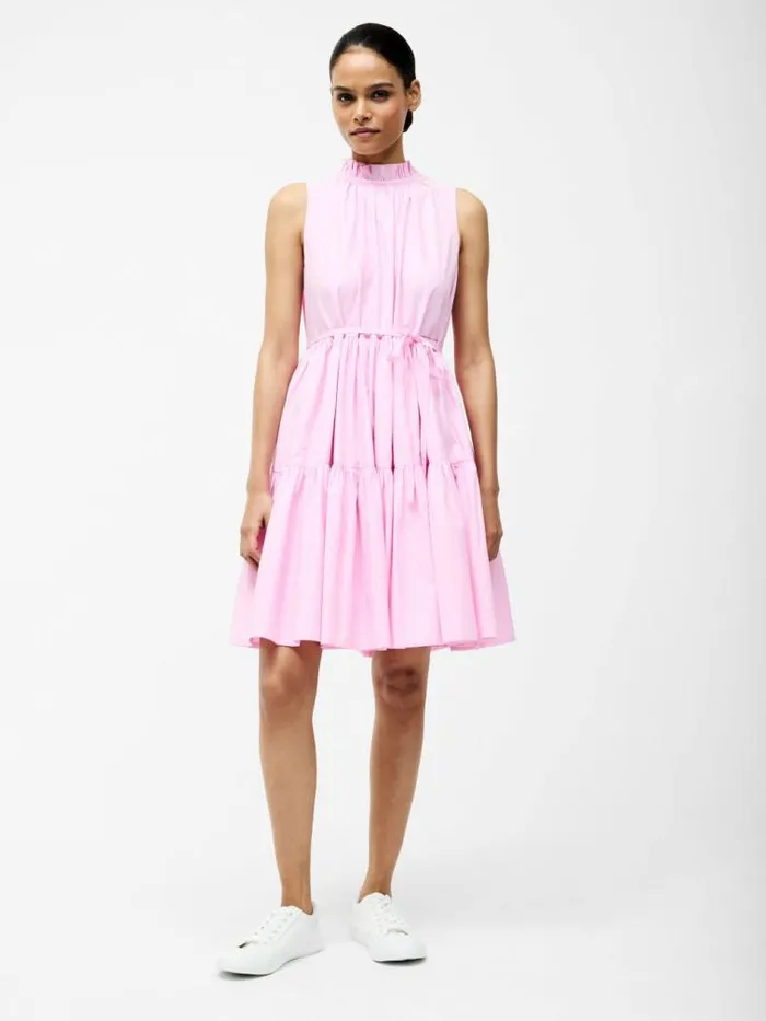 French Connection Tiered Poplin Mini Dress Strawberry Shake Women Dresses