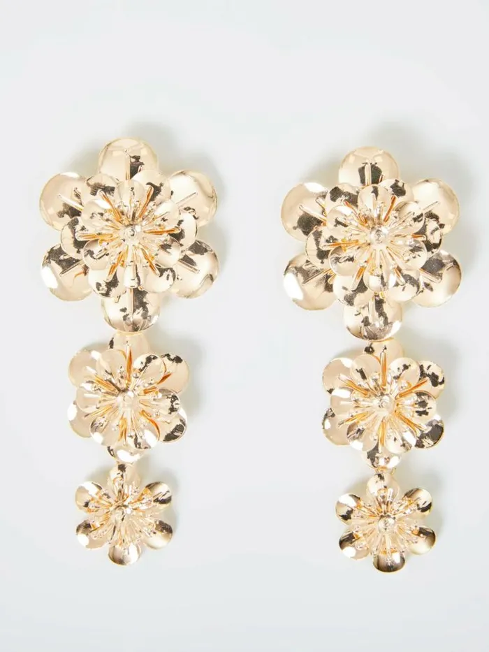 French Connection Triple Flower Drop Earrings Gold Women Jewellery