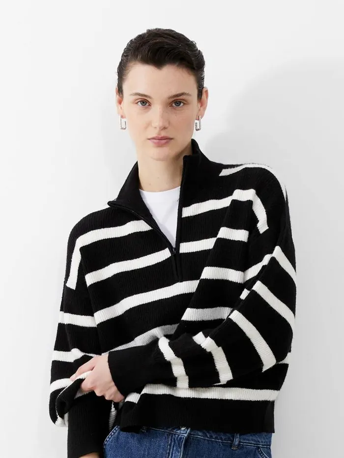 French Connection Vhari Recycled Stripe Half Zip Jumper Blackwinter White Women Jumpers and Cardigans French Connection Vhari Recycled Stripe Half Zip Jumper Blackwinter White Women Jumpers and Cardigans