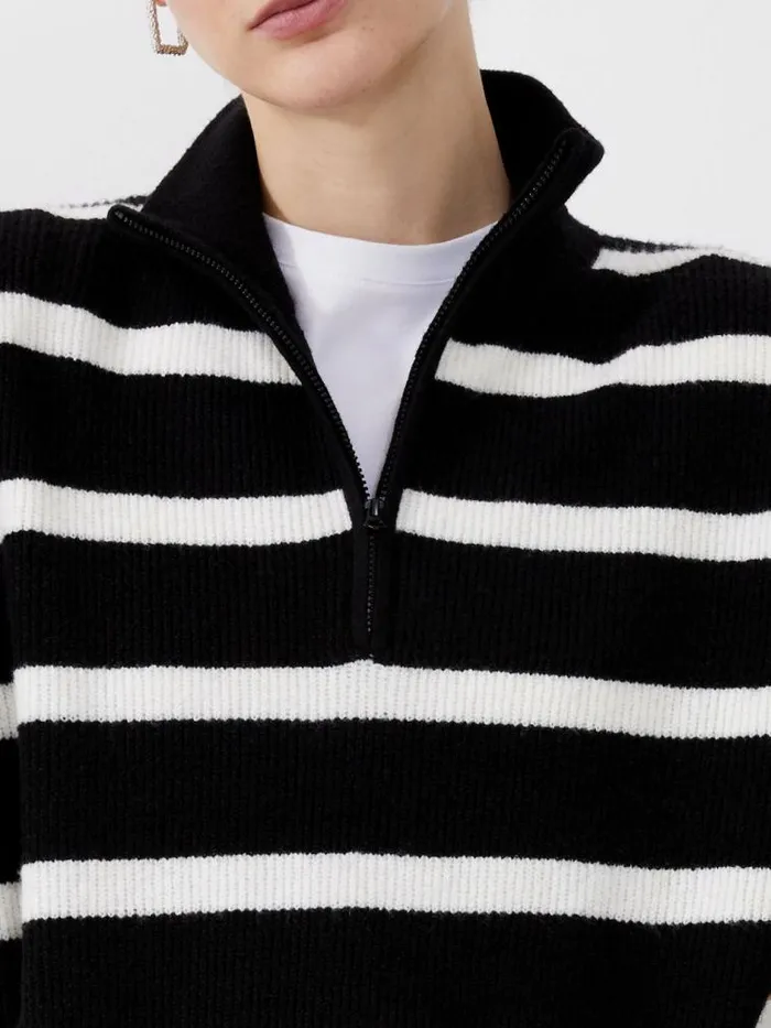 French Connection Vhari Recycled Stripe Half Zip Jumper Blackwinter White Women Jumpers and Cardigans