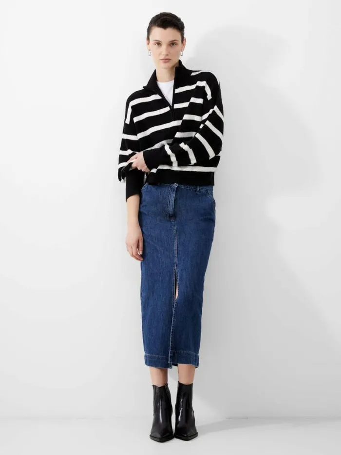 French Connection Vhari Recycled Stripe Half Zip Jumper Blackwinter White Women Jumpers and Cardigans