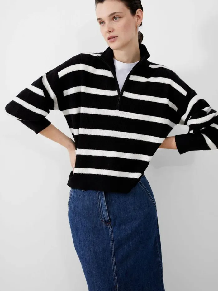 French Connection Vhari Recycled Stripe Half Zip Jumper Blackwinter White Women Jumpers and Cardigans
