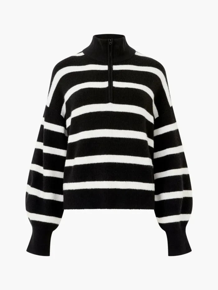 French Connection Vhari Recycled Stripe Half Zip Jumper Blackwinter White Women Jumpers and Cardigans